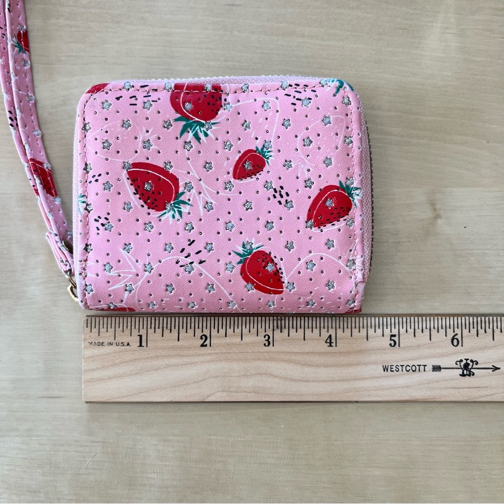 Pink strawberry and silver stars Zip-Around Card and Coin Wallet with wristlet